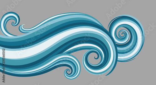 Stylized blue water wave illustration with swirling decorative elements on a grey background.