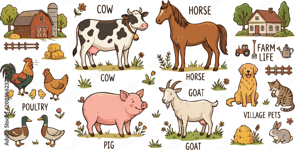Obraz premium Generated on Hand drawn Farm animals set. Domestic livestock cow, horse, pig, goat. Village composition with poultry and pets vector art on white background