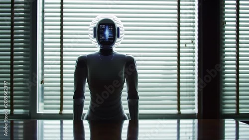 Futuristic humanoid robot with glowing screen on its head stands in office near window