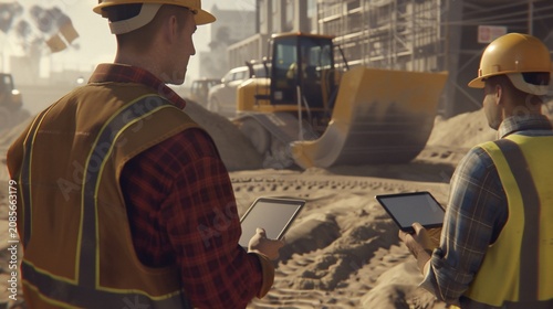 Two workers in safety vests and hard hats reviewing tablets at a construction site