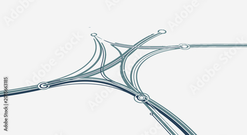 Abstract illustration of a complex road junction with multiple intersecting lanes and circular connection points.