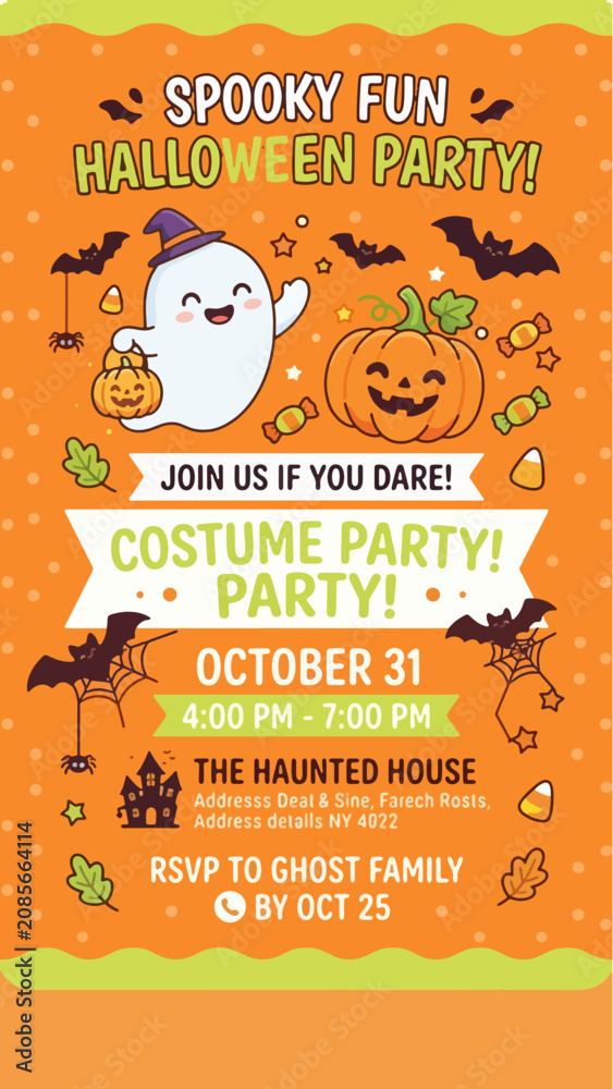 Fototapeta premium Halloween Kids Costume Party Invitation Card — Bright Orange Lime Cute Friendly Spooky Children Event Template Design