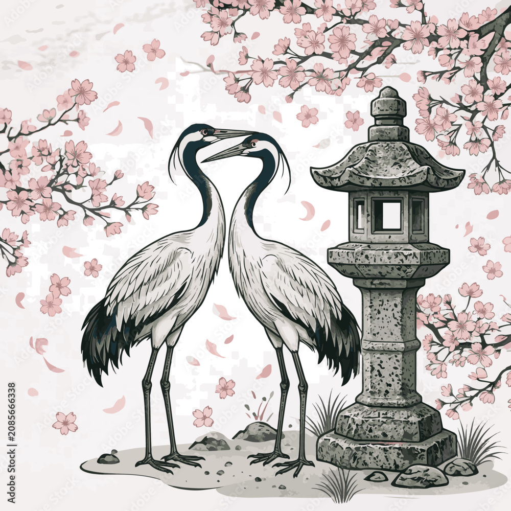 Fototapeta premium Generated on Hand drawn Heron birds with japanese lantern pagoda and sakura flowers, elegant long leg birds in asian culture vector art on white background