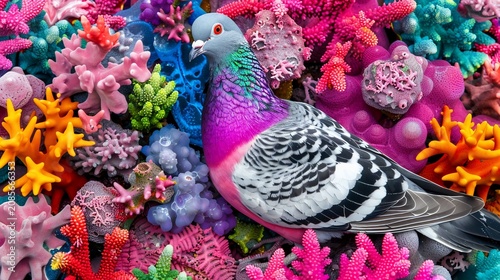 Vibrant pigeon amidst colorful coral, creating an eye-catching, surreal scene