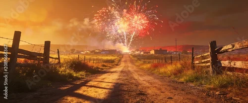 Panel kuchenny z motywem Dramatic fireworks display over a rural dirt road at golden hour sunset