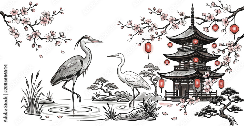 Fototapeta premium Generated on Hand drawn Heron birds with japanese lantern pagoda and sakura flowers, elegant long leg birds in asian culture vector art on white background