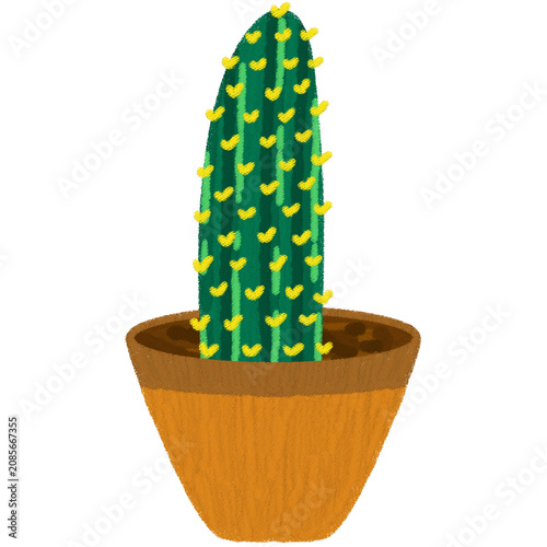 Hand drawn tall green column cactus with yellow patterns in a brown clay pot illustration