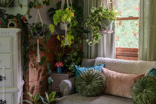 Cottage core bedroom corner with hanging plants 