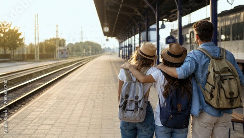 Friends Starting A Trip At Train Platform