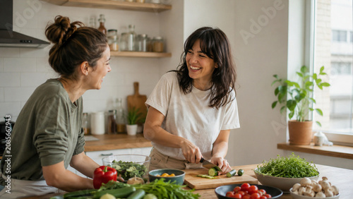 Friends Cooking Together In Bright Home Kitchen
