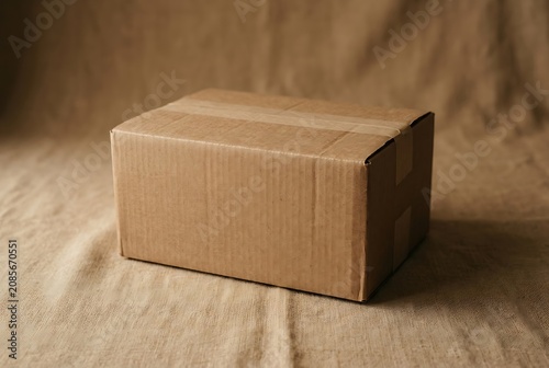 Brown Sealed Cardboard Shipping Box on Textured Fabric Background