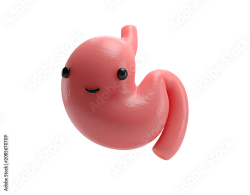 Cute smiling cartoon stomach character with glossy pink digestive organ shape, kawaii medical mascot illustration on isolated background