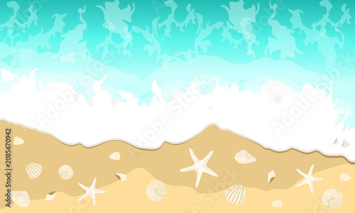 Top View of Tropical Beach Shoreline with Ocean Waves, Sandy Coast, Seashells, and Starfish Background Illustration