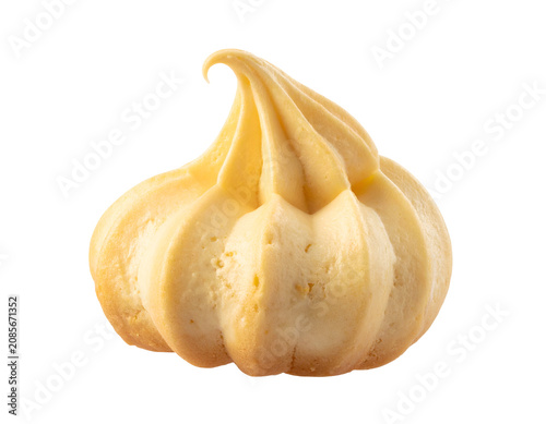 Golden meringue cookie swirl dessert with whipped peak shape, baked pastry texture, sweet bakery treat on isolated background