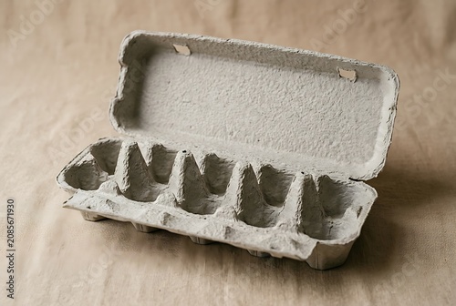 Empty open recycled paper egg carton on a light textured background