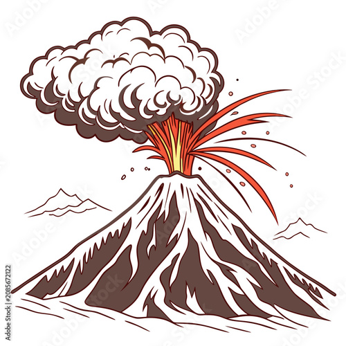 Foto Volcano erupting with red lava ejections and smoke plumes in a on a clean white
