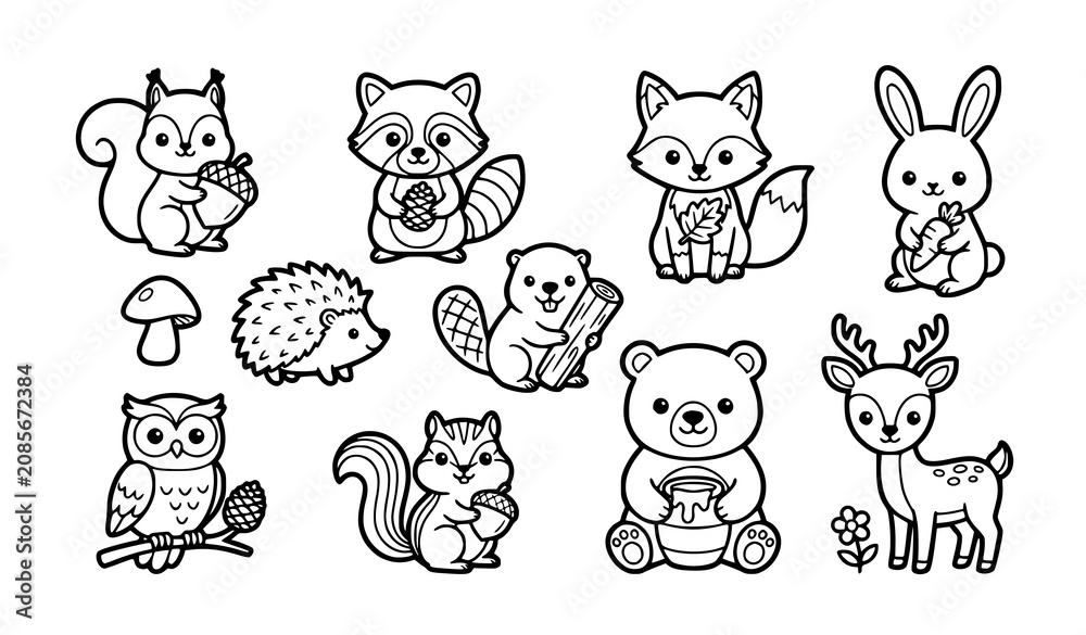 Fototapeta premium Cute woodland forest animals cartoon line art icon collection vector set