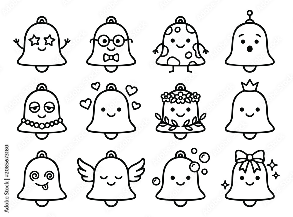 Obraz premium Outline icon set of 12 cute bell characters featuring kawaii expressions and holiday accessories for festive design
