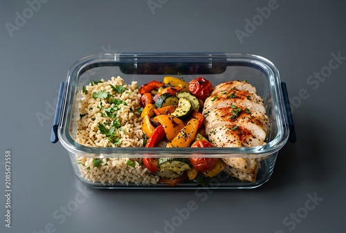 Healthy Meal Prep with Grilled Chicken Roasted Vegetables and Rice in Glass Container