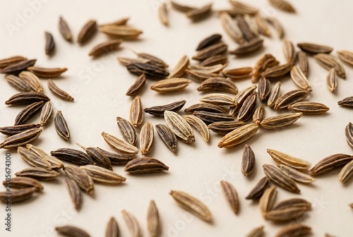Macro view of dried cumin seeds scattered on a light background
