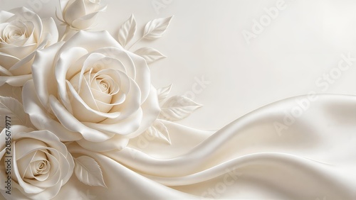 Luxury floral graphic with graceful ivory satin rose flowers, with delicate lustrous leaves, flowing ivory silk fabric drapery, creamy off-white background, elegant botanical design wallpaper