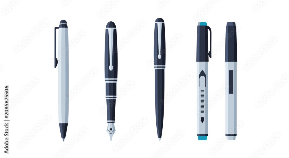 Fototapeta premium Set of high quality writing and drawing instruments includes various pens and markers in blue and black colors for professional use.