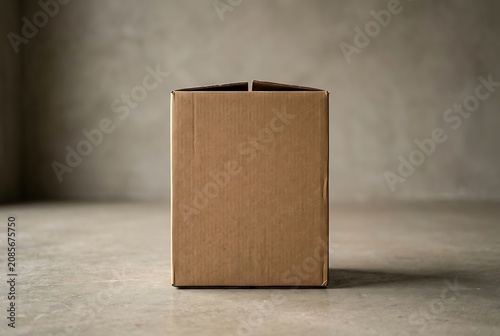 Single brown cardboard box standing on an industrial concrete floor