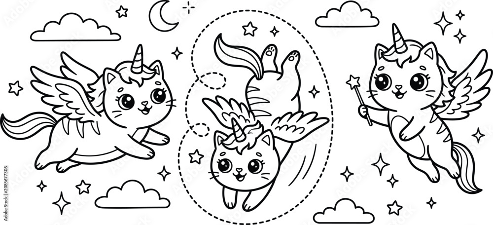 Fototapeta premium Cute Unicorn Cat Coloring Page with Wings, Stars, Moon, and Clouds for Kids Coloring Book and Fantasy Designs
