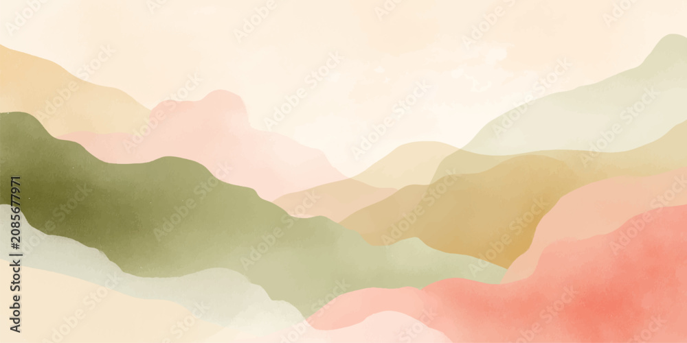 Fototapeta premium Abstract watercolor grunge background with mountains, clouds and misty sunset sky, nature landscape illustration with blue horizon, sun and fog vector wallpaper