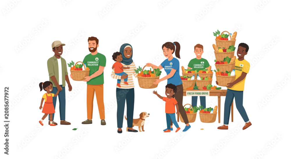 Fototapeta premium Diverse Community Members Volunteering and Distributing Fresh Organic Produce at a Local Food Bank Charity Event
