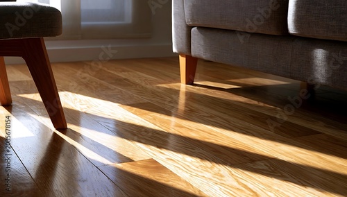 Sunlight streaming across a polished wooden floor in a modern living room.
