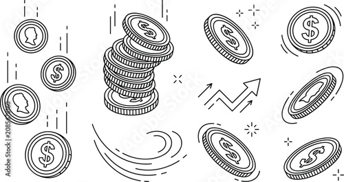 Cuadro en lienzo Finance and banking vector icon set featuring falling dollar coins stack of money upward growth arrow speed trails and rotating currency elements on white background
