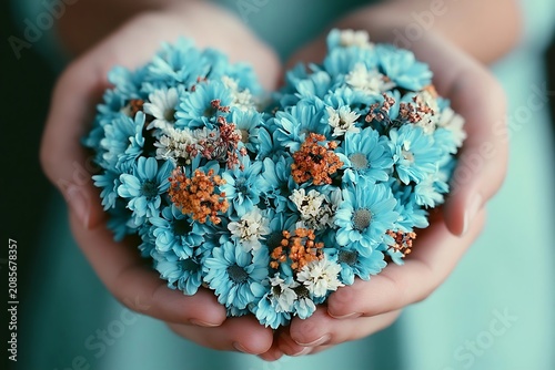 Hands holding a heart-shaped bouquet of small blue and orange flowers.