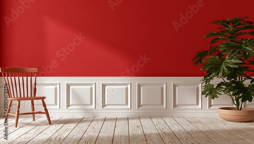 Empty room with red wall, wooden chair, and potted plant.