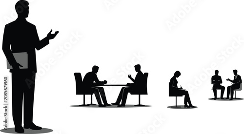 Foto Businessman speaker presenting to corporate employees silhouette vector illustra