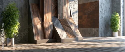Sunlight streams through curtains creating dramatic shadows on a wooden floor and textured wall.