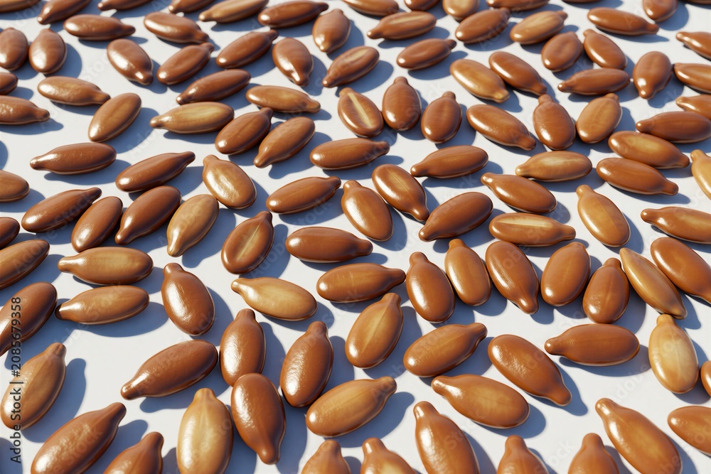 Fototapeta premium Scattered brown flax seeds show their glossy shells and realistic shadows. This natural organic ingredient is viewed up close on a white surface. It makes a healthy food texture with bright tones.