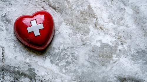 Red Heart with Medical Cross Symbol Floating in Rushing Water.