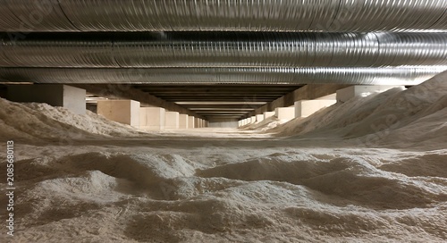 Underground crawl space with insulation and ventilation pipes.