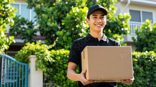 Smiling delivery man in uniform holds package outside house. Young courier carries cardboard box to customer door. Fast local shipping service, logistics job.
