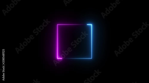 Neon square frame glowing with blue and purple light spinning on black background footage.