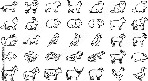 Fotografie Pet and Domestic Animal Line Icon Set with Dog Breeds, Cat, Rabbit, Hamster, Par