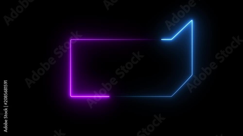 Dynamic neon abstract shape flowing with vibrant electric blue and purple light on black.