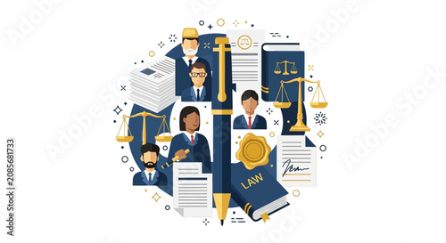 Legal Services and Justice Concept Illustration with Judges, Lawyers, Law Books, and Scales