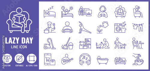 Konstfotografi Lazy day and home activities line icon set vector