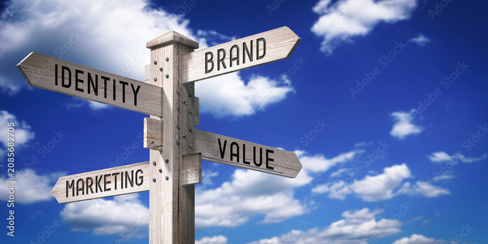 Obraz premium Brand, Identity, Value, Marketing - wooden signpost with four arrows - 3D rendering