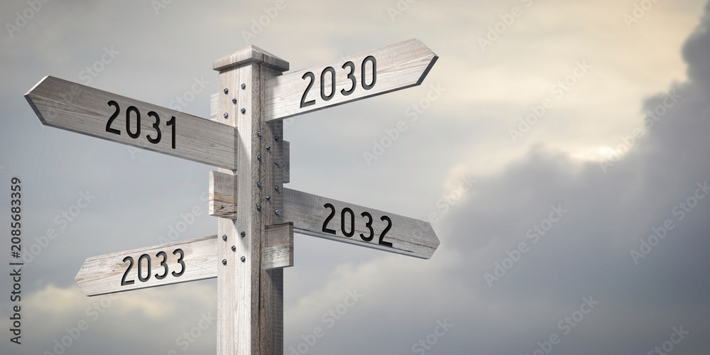 Fototapeta premium 2030, 2031, 2032, 2033 - wooden signpost with four arrows - 3D rendering