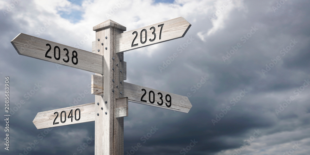 Fototapeta premium 2037, 2038, 2039, 2040 - wooden signpost with four arrows - 3D rendering
