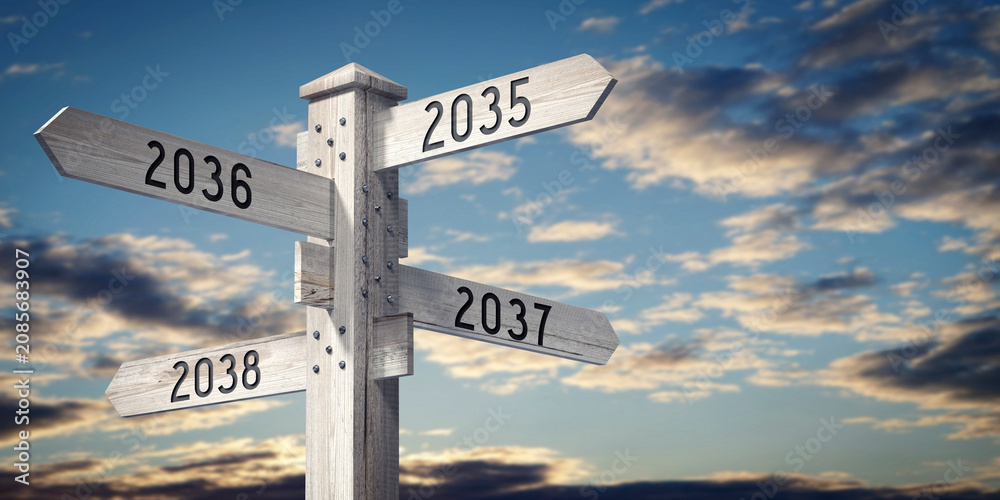 Fototapeta premium 2035, 2036, 2037, 2038 - wooden signpost with four arrows - 3D rendering