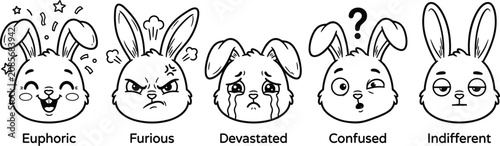 Foto Rabbit Face Expression Set with Euphoric, Furious, Devastated, Confused, and Ind